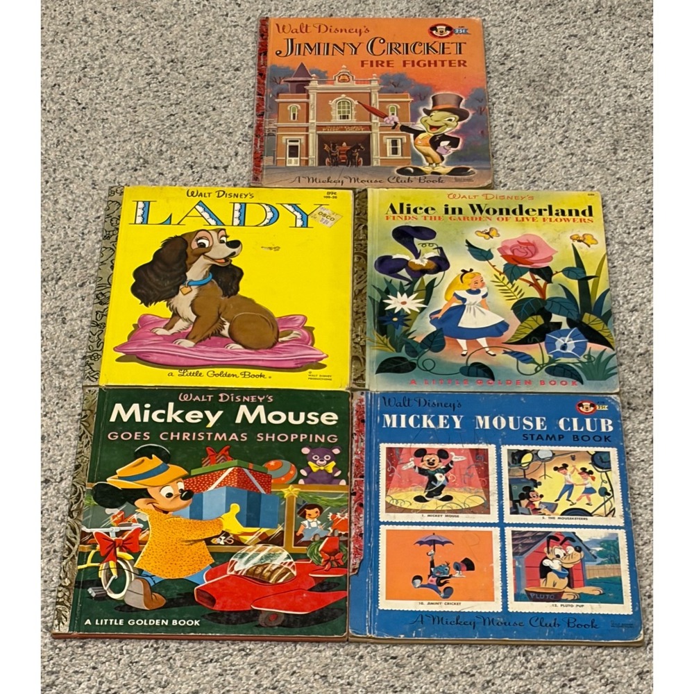 5 Vintage Walt Disney Little Golden Books Mickey Mouse Club Jiminy Cricket Lot